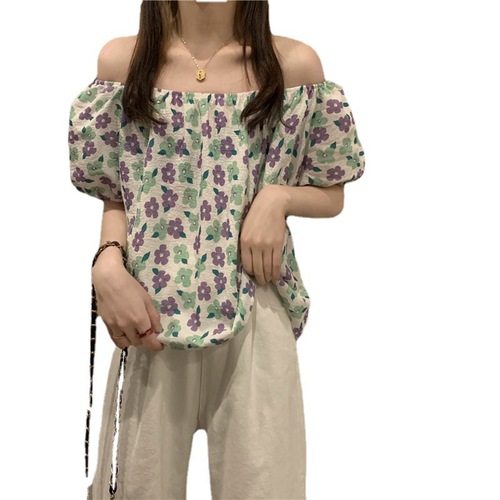 European and American loose floral puff sleeves round neck one-shoulder two-wear shirt casual floral summer new Korean style floral