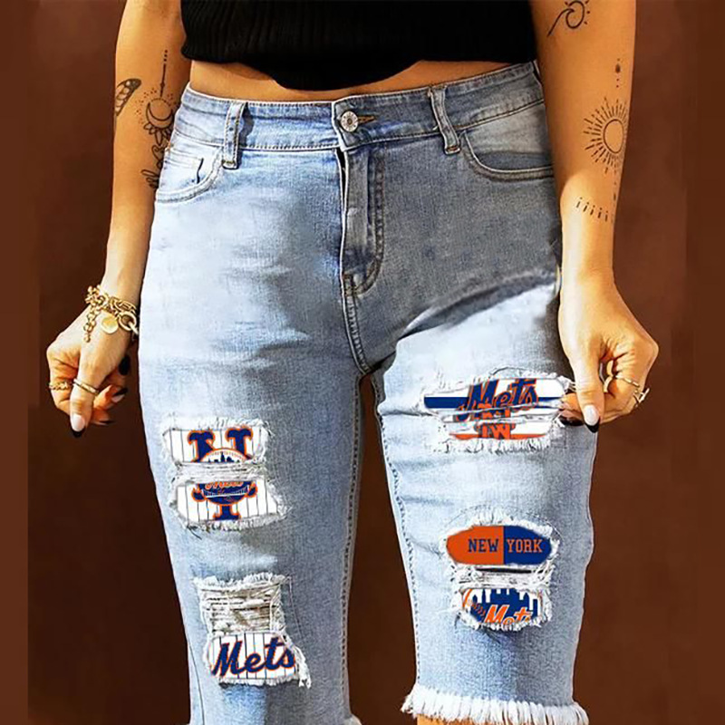 European and American cross-border women's summer new casual printed distressed denim shorts with raw edges