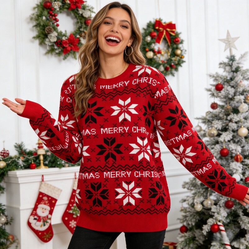 Cross-Border Foreign Trade Christmas Knitted Sweater for Women, Autumn and Winter Color-Blocking Jacquard, European and American Style, Plus-Size Casual Round-Neck Pullover Knitwear Cross-Border Foreign Trade Christmas Knitted Sweater for Women, Autumn and Winter Color-Blocking Jacquard, European and American Style, Plus-Size Casual Round-Neck Pullover Knitwear