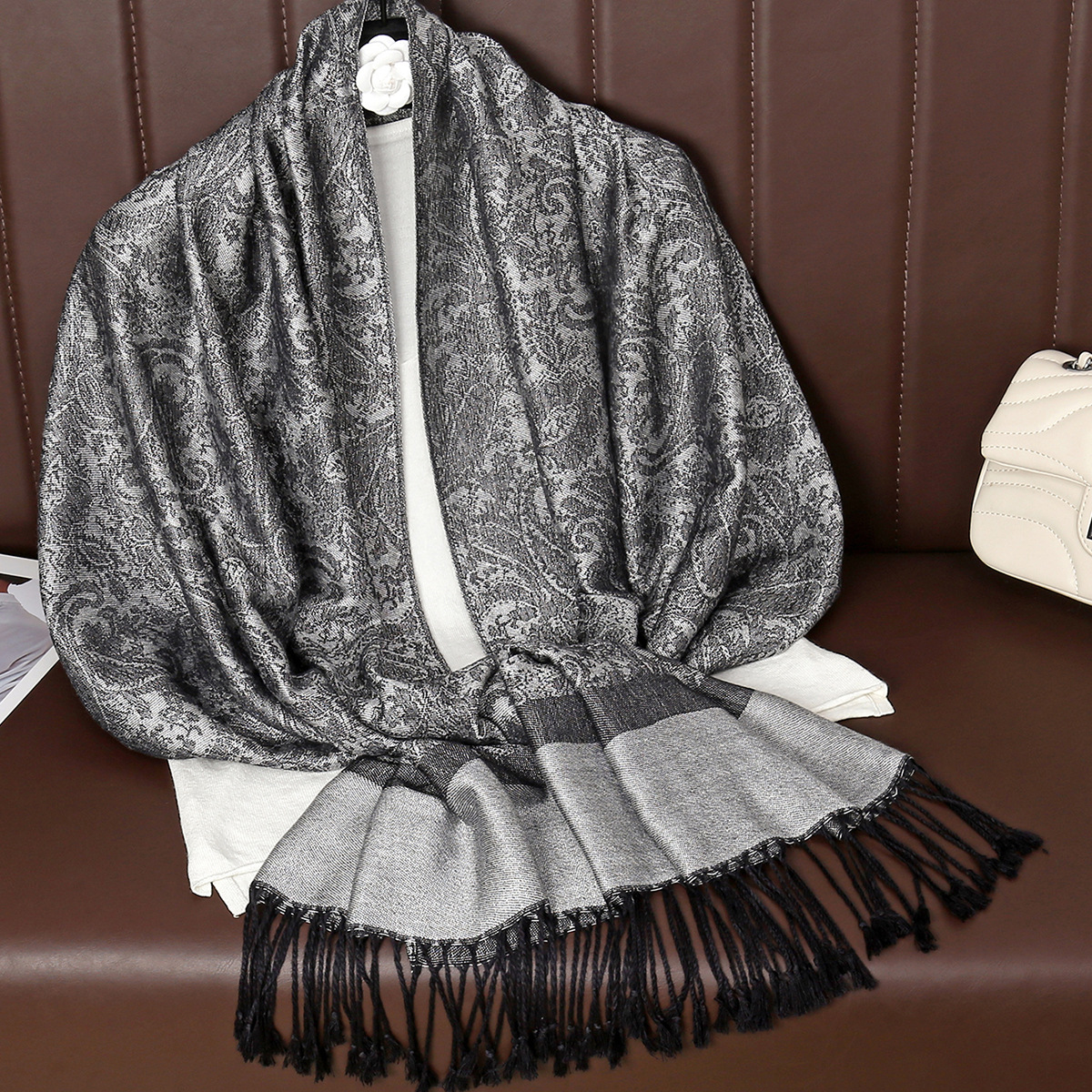 Chal pashmina mujer estampado paisley estilo étnico con borlas_voghion.com