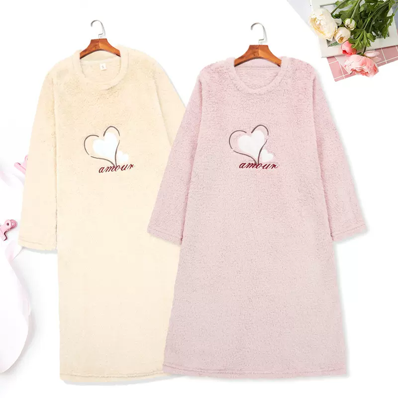 外贸长毛绒睡裙卡通爱心加厚女士睡衣长款家居服慵懒风2026秋冬