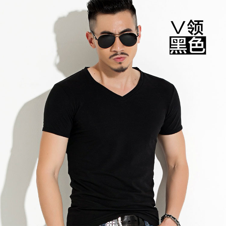 Wholesale men's V-neck large color short sleeved loose t-shirt casual sports chicken neck men's bottom shirt