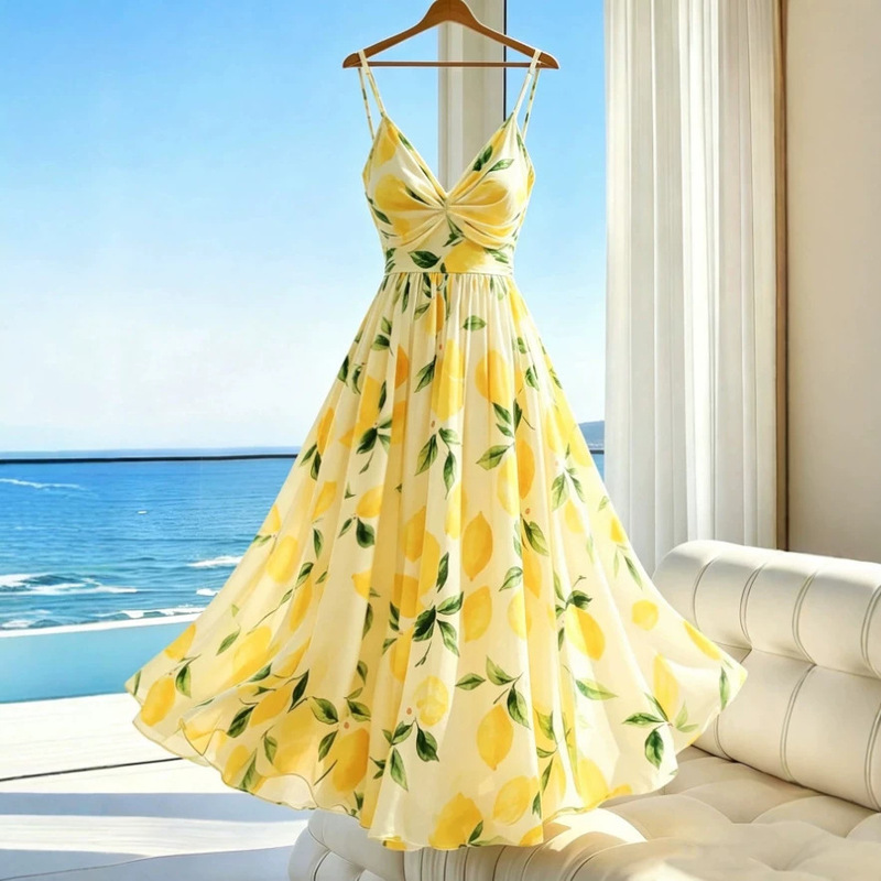 2026 Amazon European and American Cross-Border Printed Strap Dress, Lemon French-Style Long Dress for Seaside Vacation
