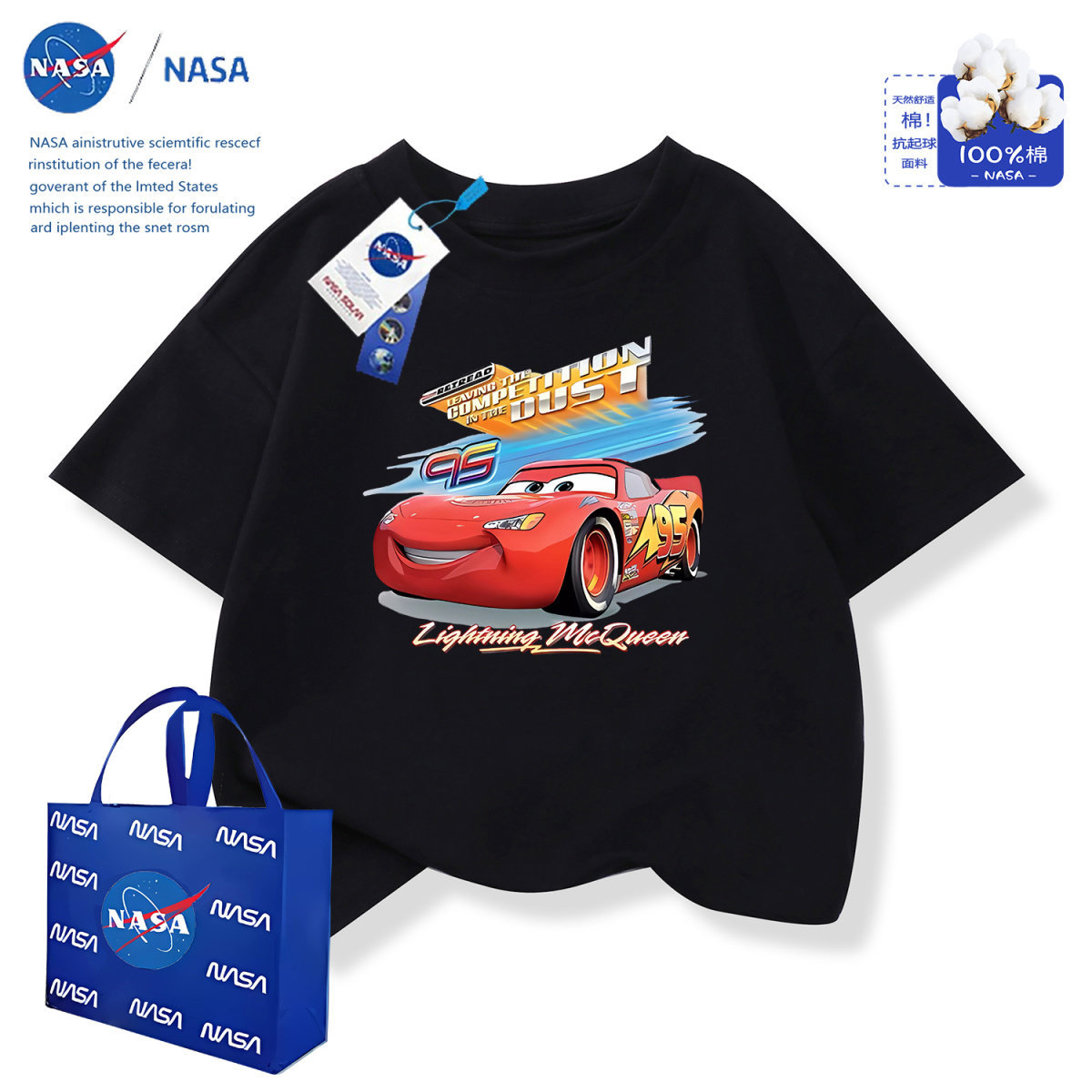 Nasa Co-Branded Lightning Mcqueen Short-Sleeved T-Shirt New Summer Clothing Boys Pure Cotton Fashion Summer Kidsren's Half-Sleeved Tops