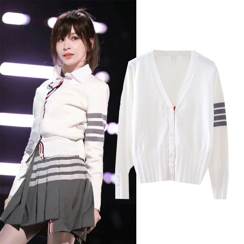 tb Striped Cardigan Women's Sweater Short Jacket White Autumn and Winter New Wang Xinling Knitted Sweater Knitted Top