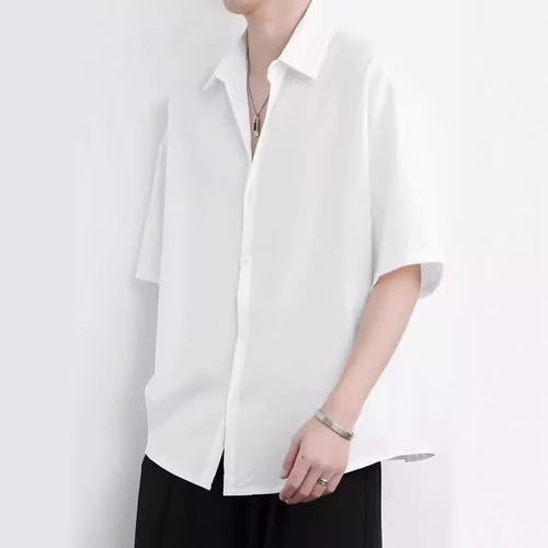 Summer Trend Brand Thin Loose Casual Ice Silk Shirt Men's Short Sleeve Black Hong Kong Style Sheer Feel Iron-Free Shirt