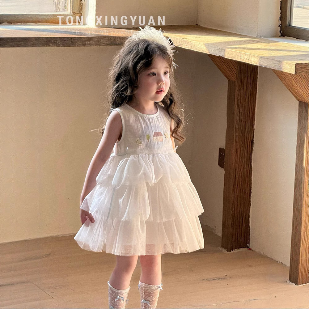 Tongxing Yuan Girls Dress Summer New Children's Cartoon Vest Dress Baby Style Spliced ​​Mesh Princess Dress