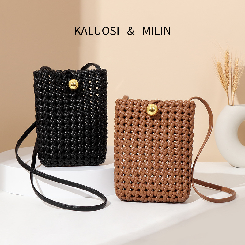 Export-quality European and American style vertical square mobile phone bag, fashionable handmade woven bag, versatile retro minimalist shoulder/crossbody bag.