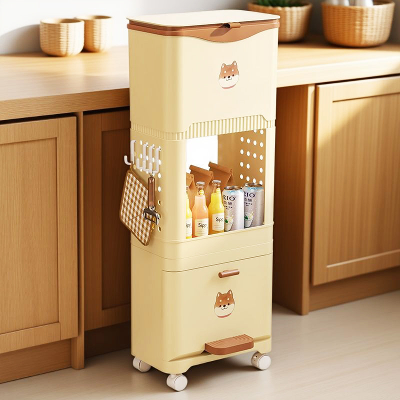 Multifunctional Pedal Trash Can with Lid, No Bending, Kitchen Household Large Capacity Multifunctional Dry and Wet Separation Storage Rack