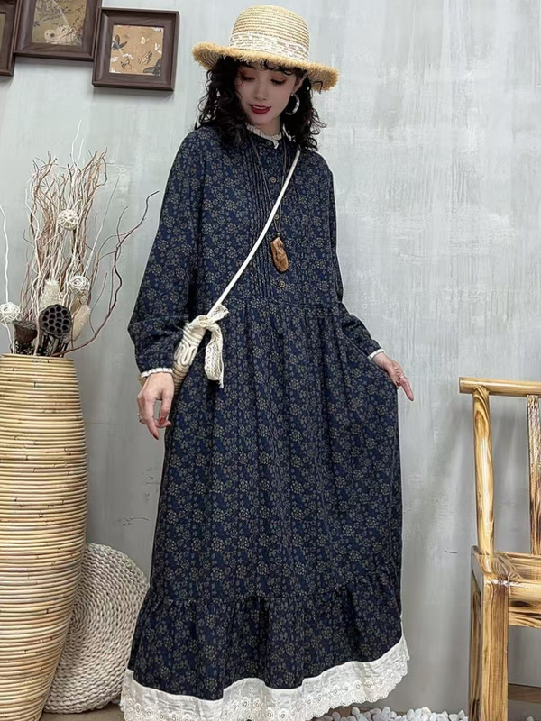 2025 Autumn Large Size Cotton and Linen Extra Long Floral Long Skirt Loli Lace Swing Women's Dress