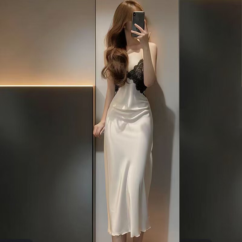 Sexy Ice Silk Pajamas for Women 2025 Spring and Summer New Lace Suspender Over-The-Knee Long Skirt Pure Lust Style Nightgown Home Wear Sexy Ice Silk Pajamas for Women 2025 Spring and Summer New Lace Suspender Over-The-Knee Long Skirt Pure Lust Style Nightgown Home Wear