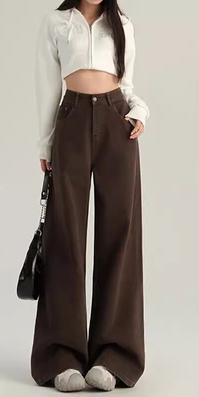 美拉德美式辣妹咖啡色阔腿牛仔裤女春秋小众棕色咖色垂感拖地裤|undefined