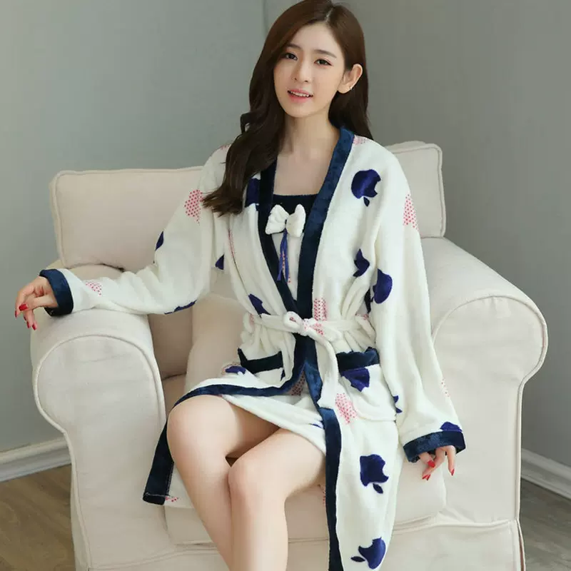 新多款秋冬女士睡衣珊瑚绒加厚保暖长袖两件套睡袍吊带家居服套装