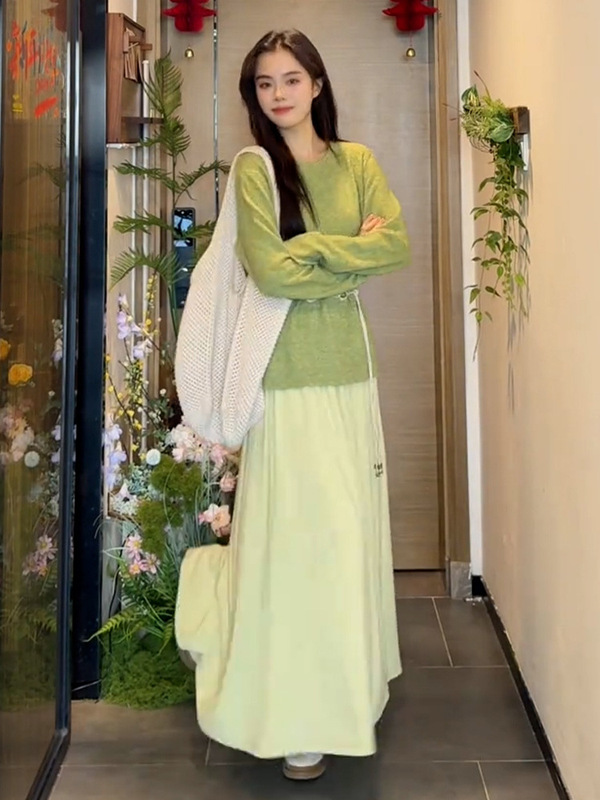 小香风绿色针织毛衣连衣裙子女2025早秋季新款韩系穿搭一整套长裙|undefined
