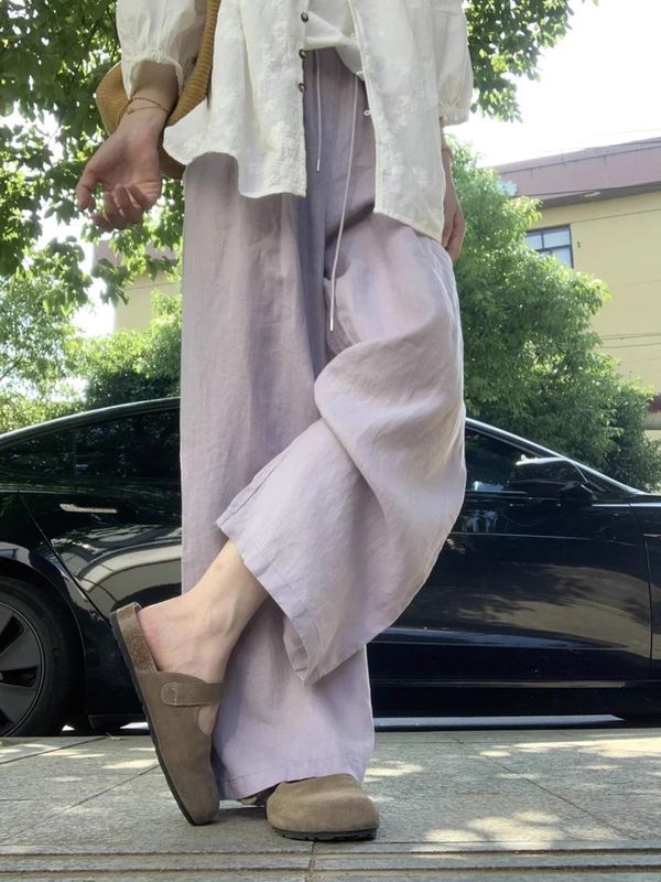 亚麻垂坠感阔腿裤女2025新款紫色棉麻裤子胖mm显瘦大码薄款直筒裤|undefined