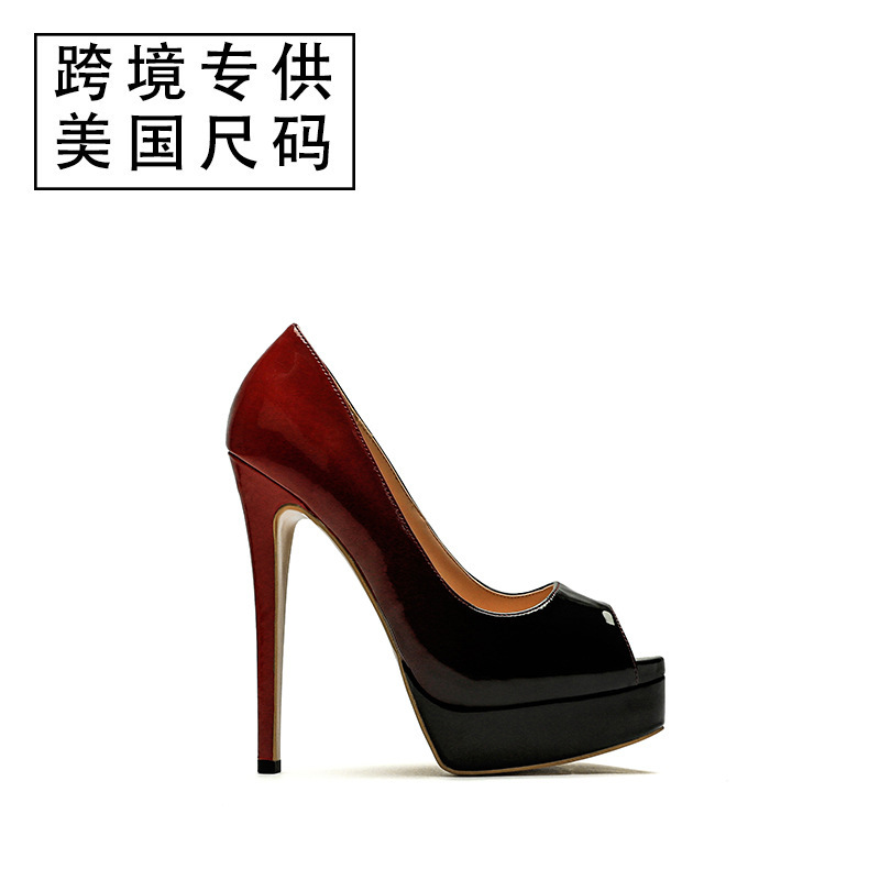 Cross-border exclusive patent leather wine red and black waterproof platform low-cut ultra-high heel 15cm single-layer shoes plus size supply one-piece delivery Cross-border exclusive patent leather wine red and black waterproof platform low-cut ultra-high heel 15cm single-layer shoes plus size supply one-piece delivery