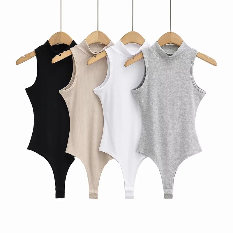 European and American Fashion Half-high Neck Stretch Slim Look Jumpsuit Women's Slim-fit Slim Look Thread Cotton Solid Color Waist Base Vest