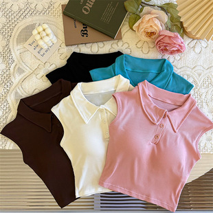 New Solid Color Sleeveless Polo Collar Button Fashionable Comfortable with Chest Pad Breathable Hot Girl Vest Short Top