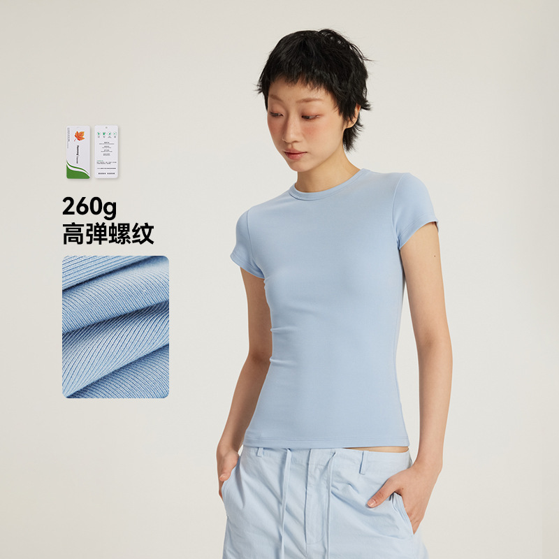 Teeshe Women's Round Neck Slim Fit T-Shirt 26 Spring/Summer Spicy Girl Style Waist-Cinching Slimming Sports Base Shirt in Macaron Colors