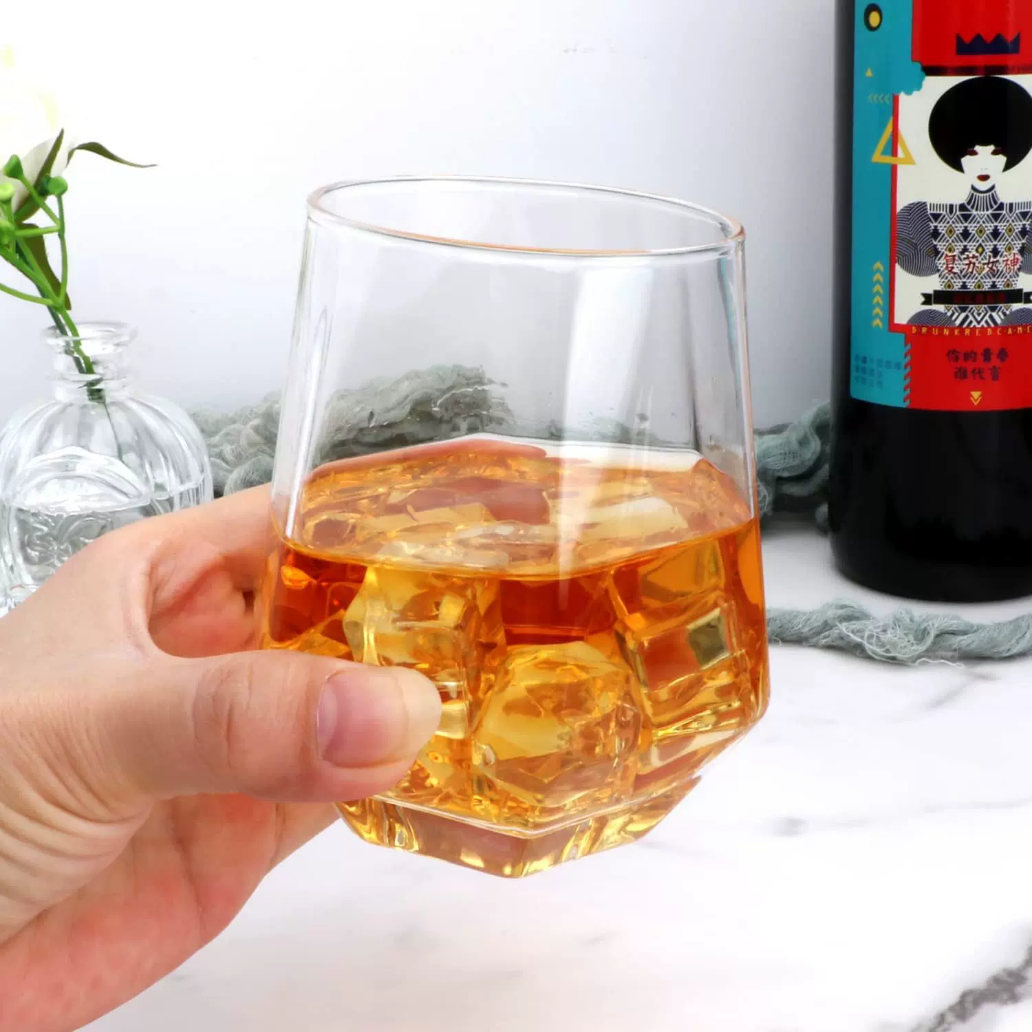 钻石玻璃酒杯威士忌杯洋酒杯六角杯家用水杯酒吧红酒杯甜品饮品杯