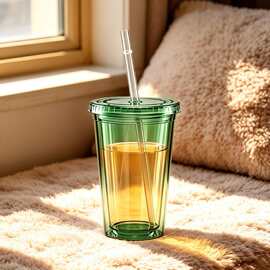 大学生通勤 450ml 双层塑料透明吸管杯双肩包收纳装奶茶防漏带盖