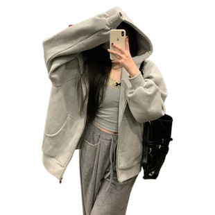 Sweatshirt Coat Women's Spring and Autumn 2024 New American Wear Fall/Winter fleece-lined Korean Cute Lazy Style Hooded Top