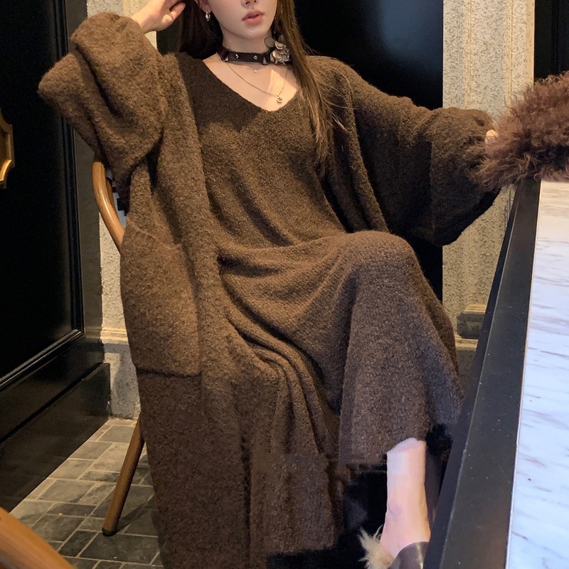 慵懒风软糯奶fufu宽松毛衣外套女纯欲显瘦中长款针织开衫＋长背心|undefined