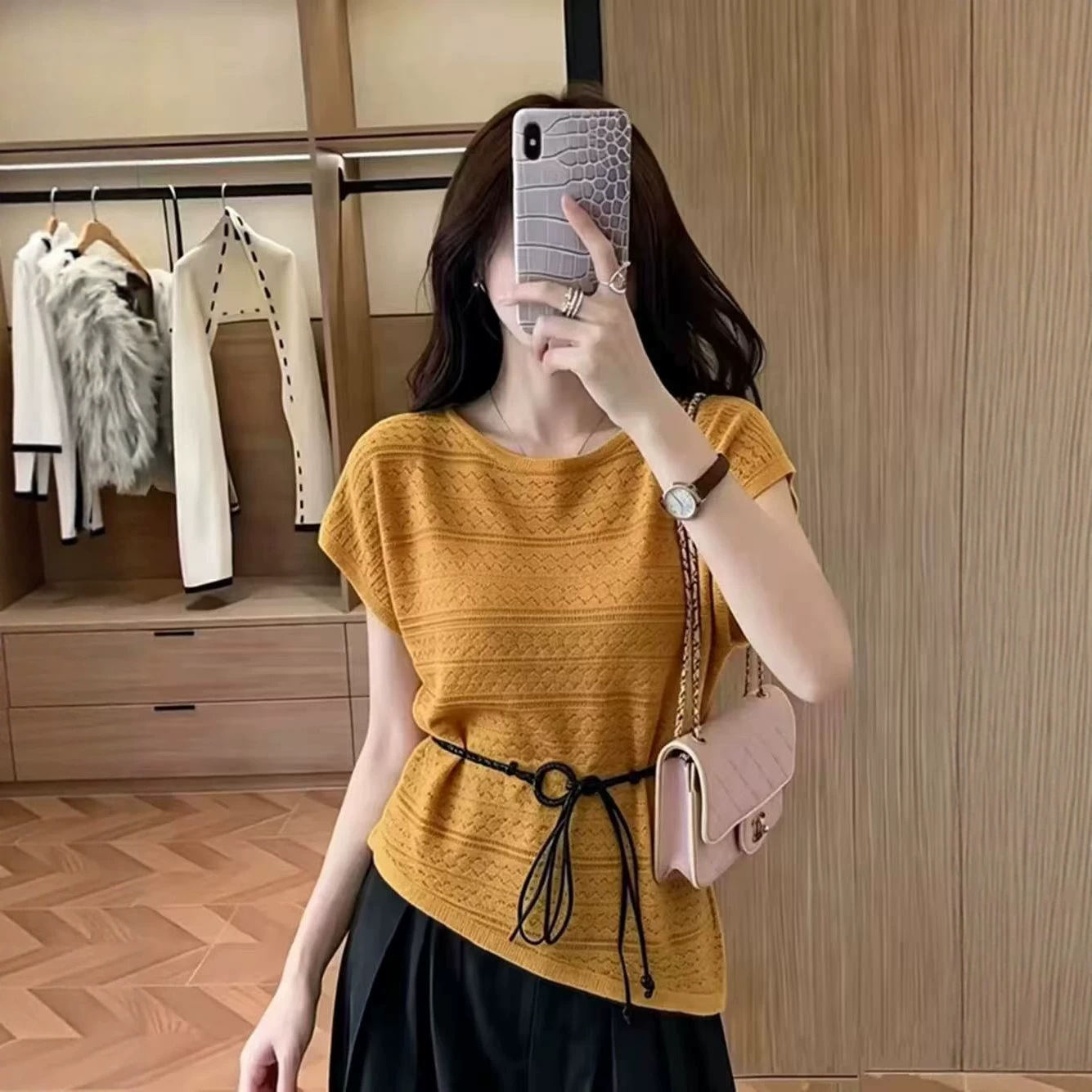 Áo thun ngắn tay nữ phong cách Pháp, thiết kế thắt eo tôn dáng — đen chi tiết 2