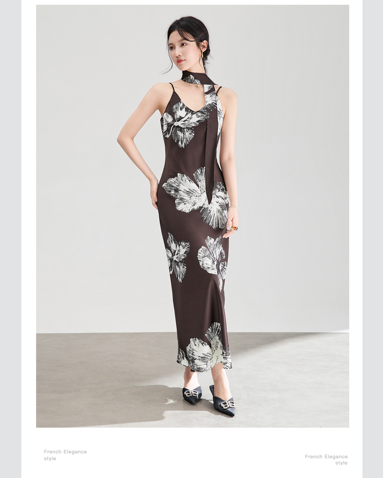 Váy dây satin họa tiết hoa nhỏ buông nhẹ mùa hè — màu xám chi tiết 8