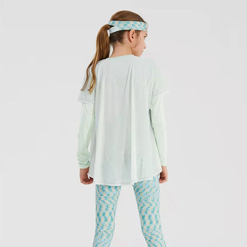 New Summer Girls Children Yoga Set Long Sleeve Double Layer Lightweight Breathable Sun Protection False Two-Piece Quick-Dry Exercise Fitness Clothes