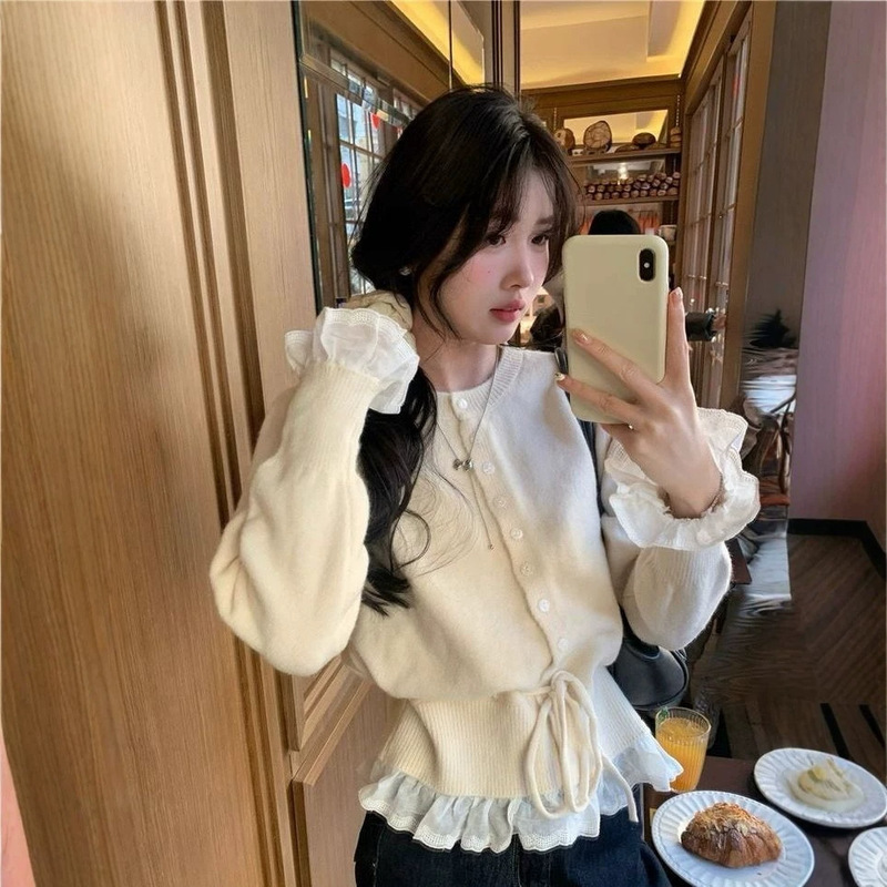 Designer lace-up knitted cardigan with ruffled waist, new popular style, off-white color