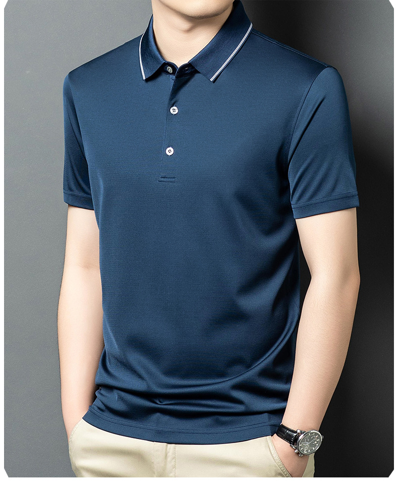 Áo polo nam tay ngắn lụa tơ tằm 100% dáng rộng phong cách công sở — Kẹp màu xanh 25013 chi tiết 12
