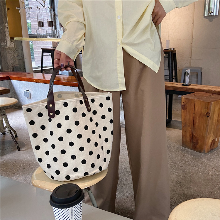 75g Weight Open Closure Type Women's Medium Canvas Round Dots Smile Face Cute Bucket Open Handbag