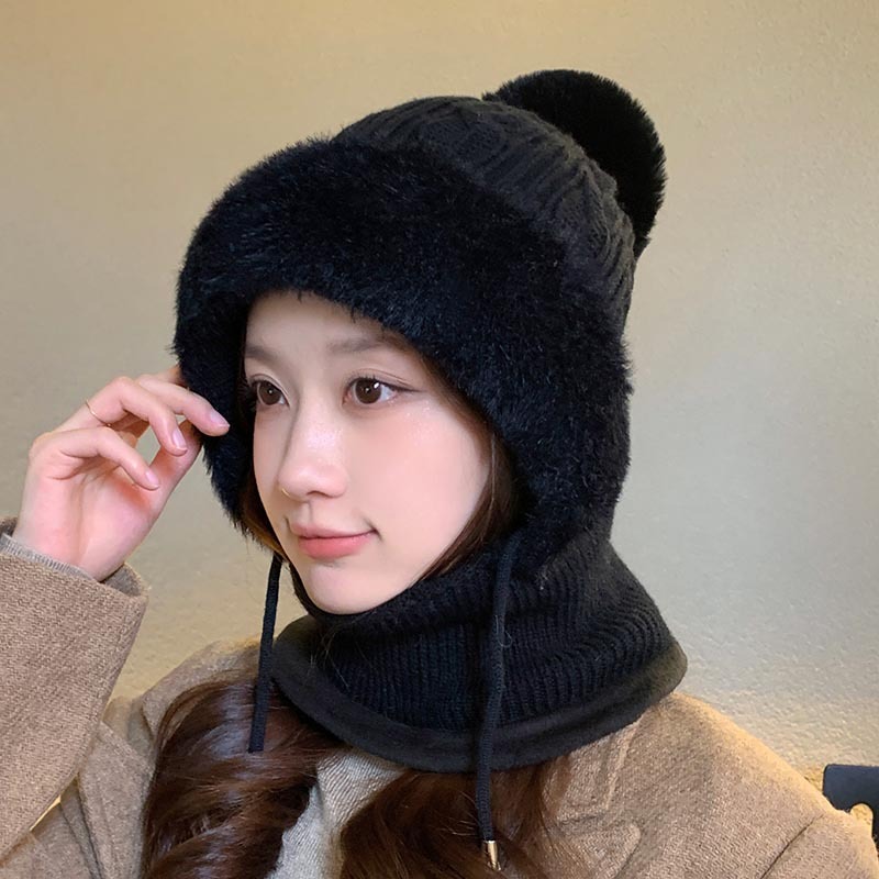 新款连体帽女冬季骑行加绒加厚遮脸护耳针织帽子围脖口罩保暖套件|undefined
