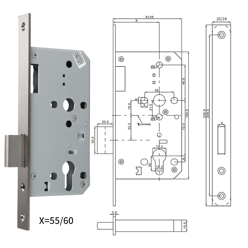 Cerradura de puerta de incendio personalizada de acero inoxidable 304 accesorios de cerradura de puerta de pozo de tubería estándar europeo 5572ZD unilateral cuerpo de cerradura de canal de lengua