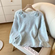 广州十三行高货爆款~立体花朵针织衫毛衣女秋装新款喇叭袖上衣ins
