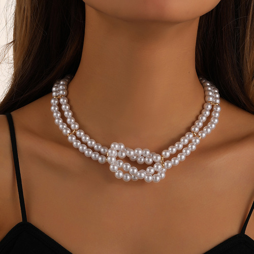 European and American cross-border fashion new cool style double-layer 8-word knot winding pearl necklace for women, factory direct sales