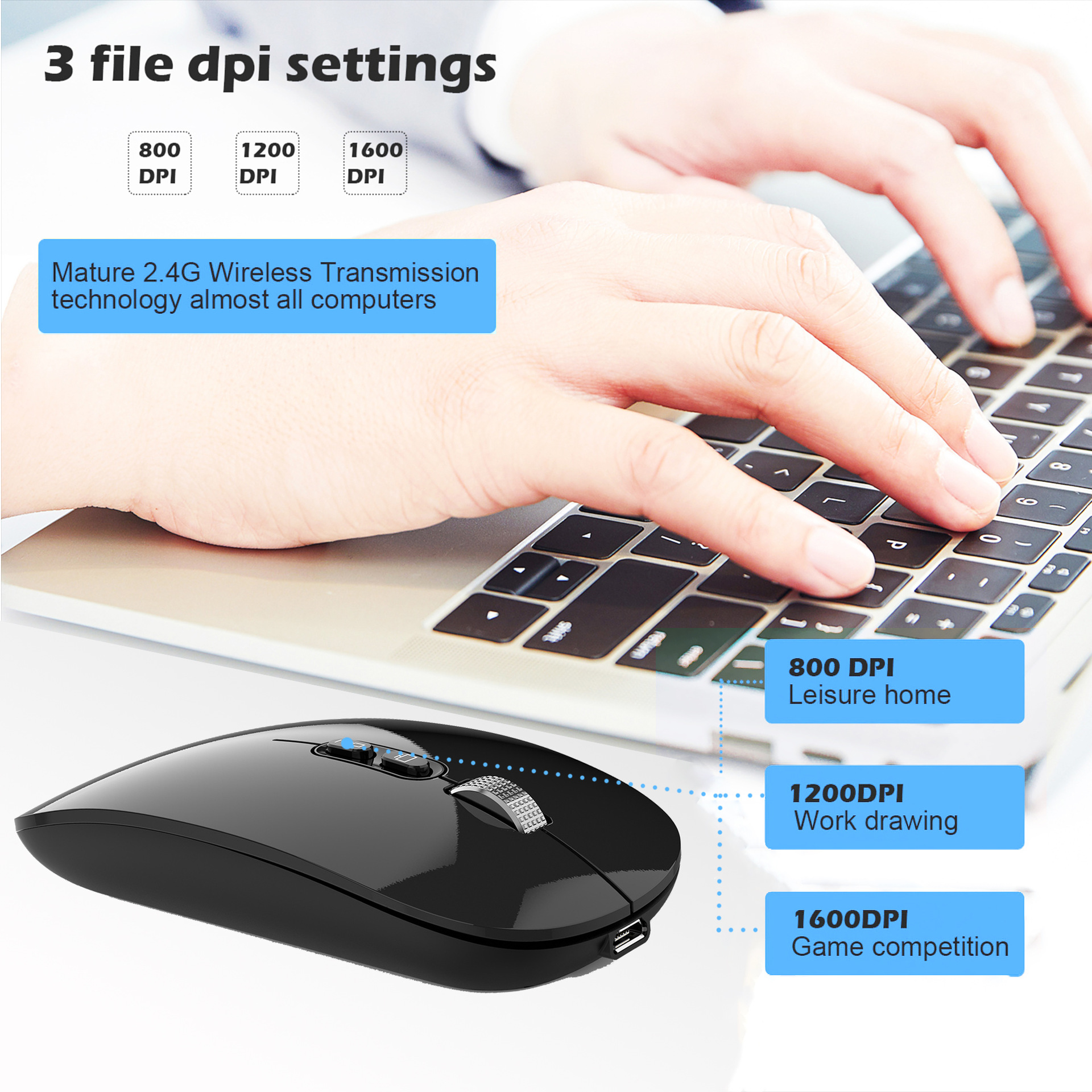 Dual-mode 2.4G+BT5.1 wireless rechargeable mouse 500 millimeter quiet design 5D office game