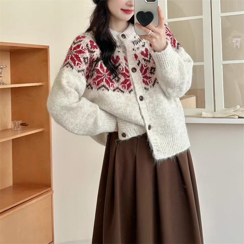 韩系提花复古软糯毛衣开衫女2025秋冬新款慵懒宽松圆领针织衫外套