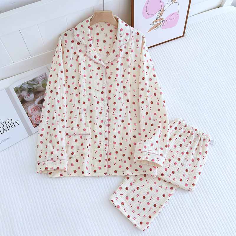 코튼 크레이프 옷깃 작은 딸기 감금 의류 세트