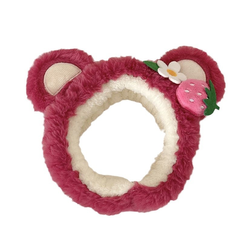 Pink girl lavado facial correa de cabello de invierno mujer pelusa pasador de cabello lindo fresa oso máscara especial cabello banda de cabello
