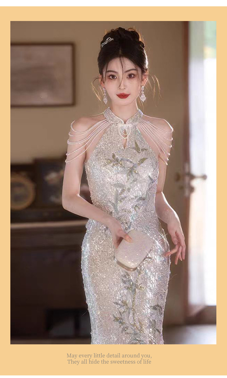 Sequined Evening Gown Women's Light Luxury Mermaid Dress Waist Cinching New Style Host Performance Costume_ecoleips.com