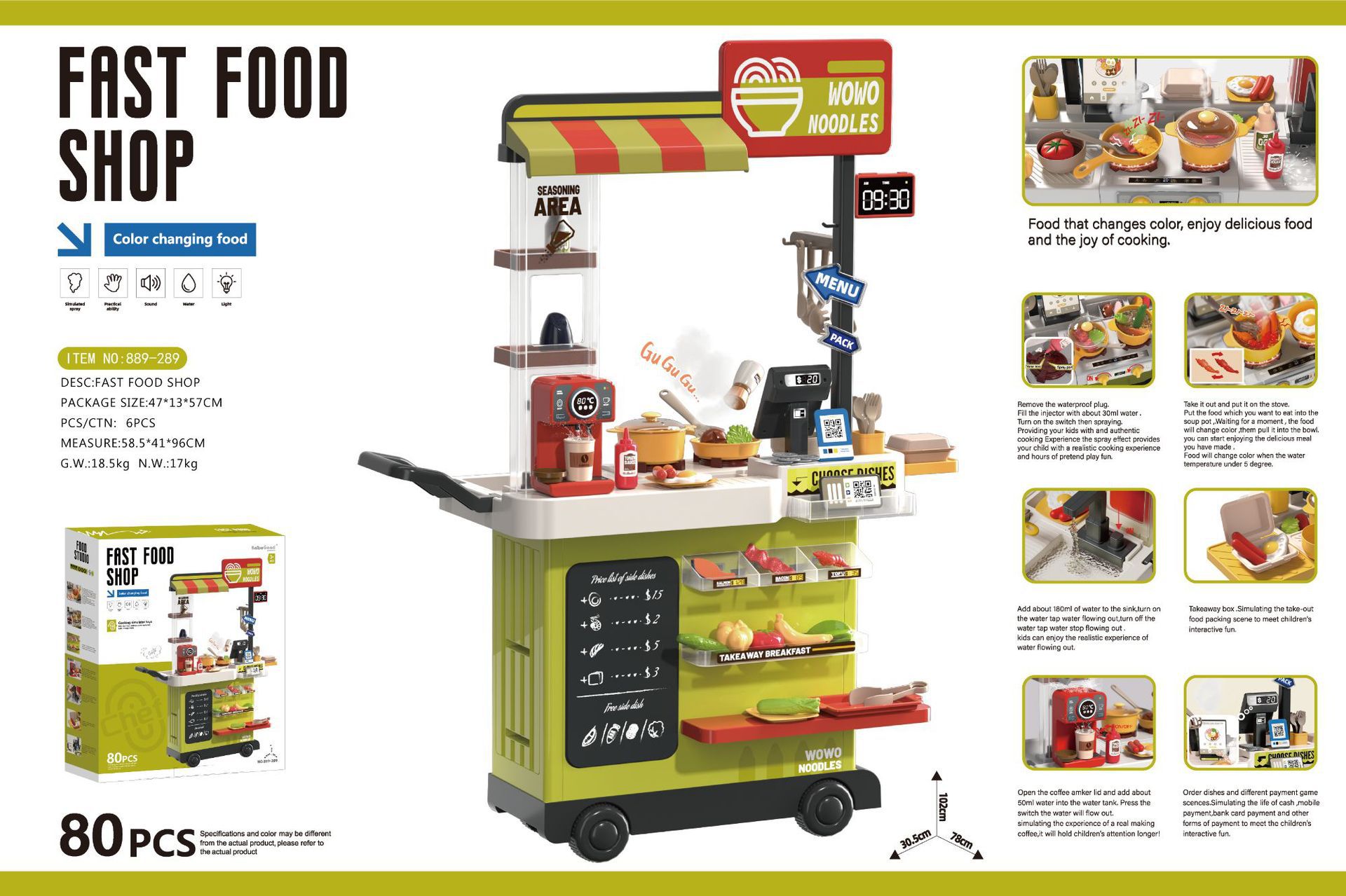 Niños transfronterizos 102cm spray carro de comida rápida sonido y luz agua de alimentación de color placa de hierro barbacoa juguetes de pollo frito