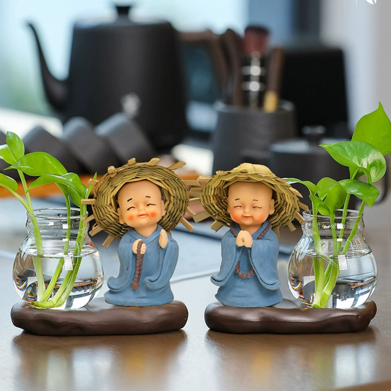 Стеклянная ваза для цветов в стиле дзен, маленький монах, потос, гидропонная ваза, китайские креативные настольные украшения, подставка для цветов на стол