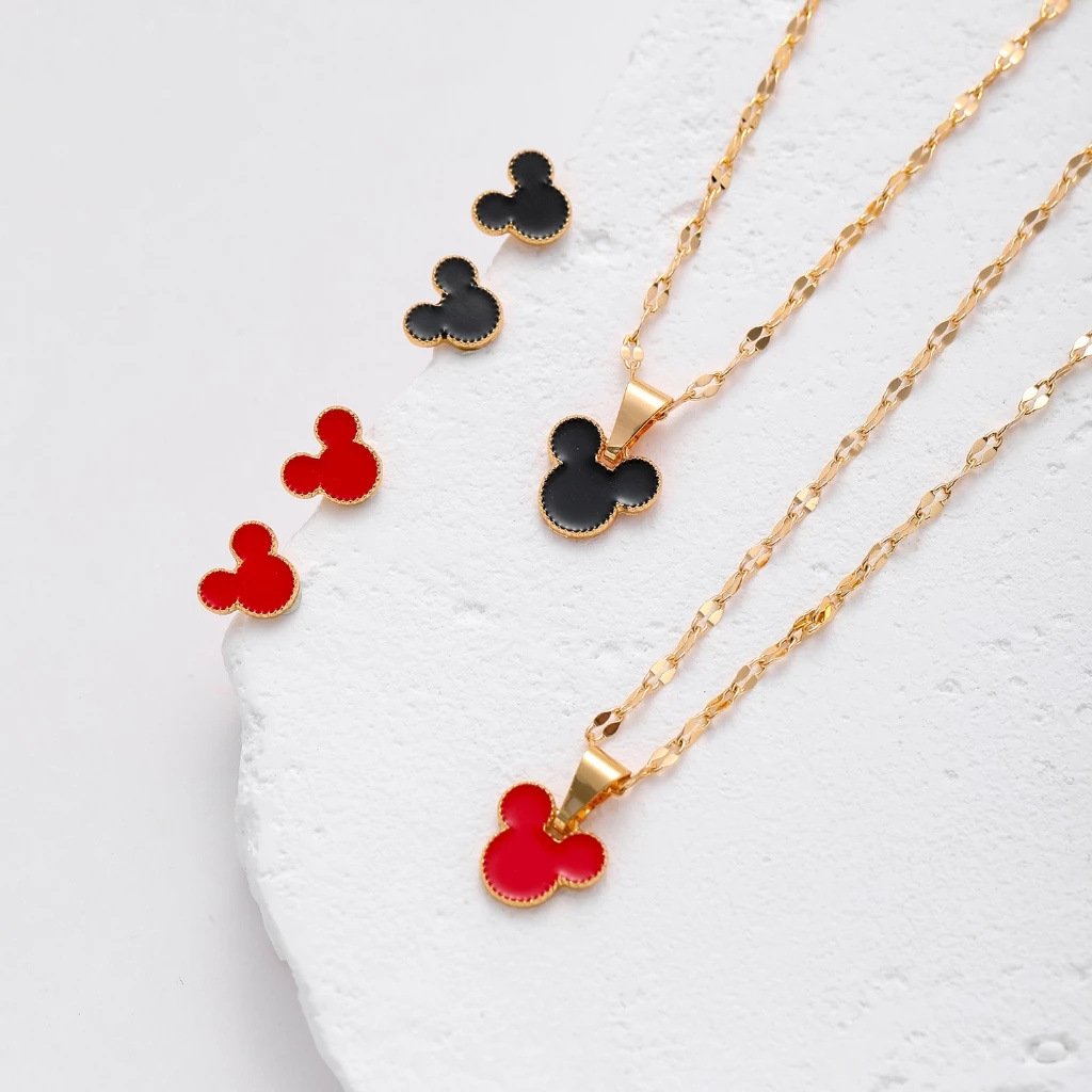 Ventas transfronterizas calientes de pendientes Mickey collar conjunto de joyería cobre chapado en oro goteo de aceite pendientes de Mickey ratón joyería al por mayor
