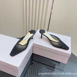 超仙25新款 气质水钻网纱面方头细跟高跟凉拖鞋浅口后空外穿包头