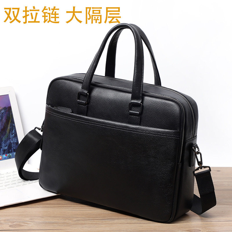Túi xách tay nam da bò thật 39×10×29 cm có hai ngăn khóa kéo, đeo chéo một vai — Màu đen