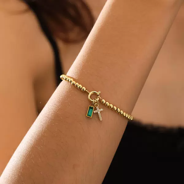 European and American Cross-Border New Style Twelve Birthstone Cross Pendant Bracelet Black Gallstone Gold Beads Elastic String Bracelet Gift