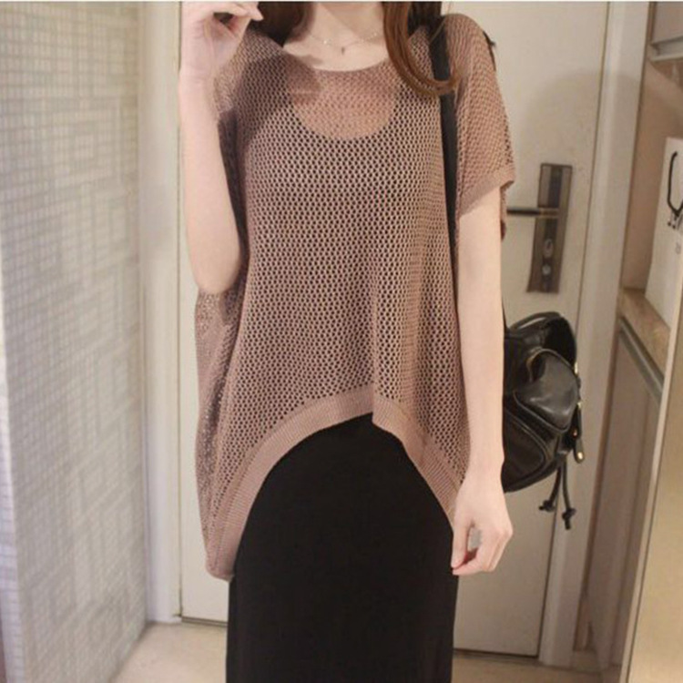 Fishnet Short-Sleeved T-Shirt Cut Out Knitted Blouse for Women Spring and Summer Simple Retro Pure Color Thin Loose Outer Top for Women