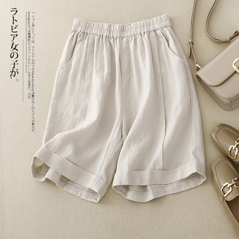 Real Shot of 2024 New Summer Style Cotton and Linen Literary Large Size Slimming Look Elastic Waist Loose A-Line Wide Leg Shorts for Women # 9350